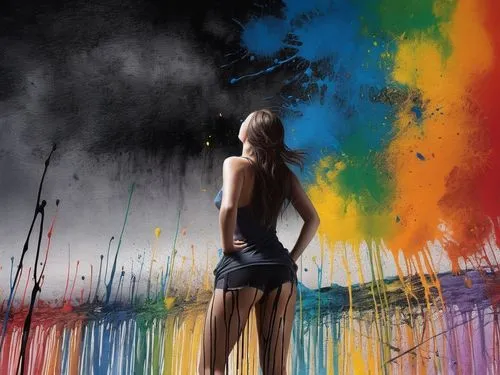 Gorgeous portrait of a lovely woman in despair somber but attractive setting,,rainbow jazz silhouettes,rainbow background,splash paint,rainbow pencil background,rankin,spray paint,watercolor paint str