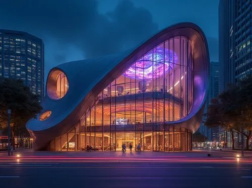 Modern performing arts center, international style, futuristic architecture, sleek lines, curved façade, transparent glass walls, metallic frames, grand entrance, high ceilings, spacious interior, min