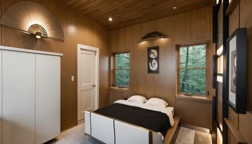 forest, Black framed doors and windows,a white bedroom with brown wood paneling and large bed,wooden sauna,luxury bathroom,cabin,small cabin,inverted cottage,saunas