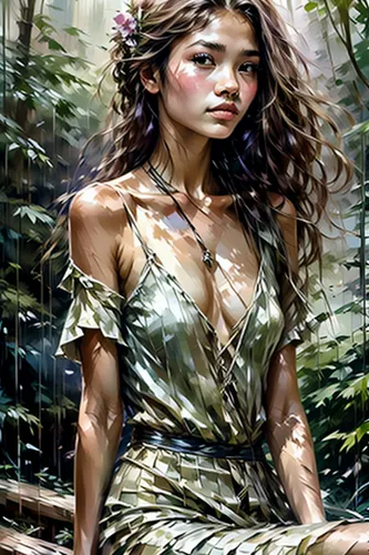 dryad,polynesian girl,faerie,faery,mystical portrait of a girl,the enchantress,hula,girl in a wreath,girl in the garden,world digital painting,vietnamese woman,girl in flowers,girl with tree,fantasy art,background ivy,fantasy portrait,cave girl,polynesian,garden fairy,asian woman