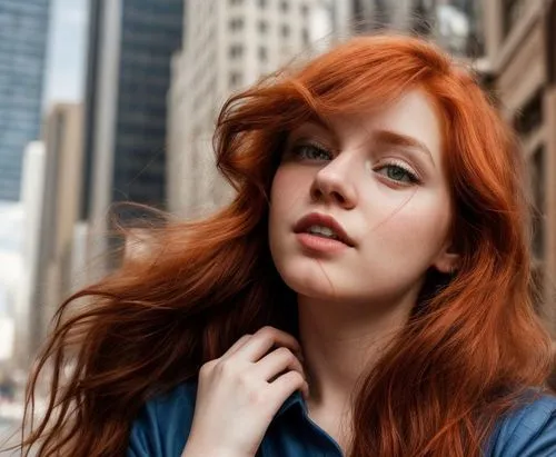 a portrait of a young beautiful caucasian girl 23 years old red hair backwards wearing a blue blouse  Manhattan as background in 4k,red-haired,redheaded,redhair,redheads,redhead,red head,red hair,redh