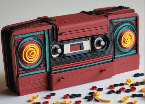 Create a VHS-style promo video for a nostalgic video game console release.,radio cassette,audio cassette,microcassette,cassette tape,musicassette,vintage portable vinyl record box,cassette,boombox,com