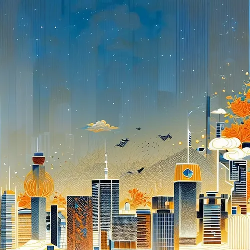 Flat style, the screen effect is generated exactly according to the sketch map,cityscape,skyscrapers,city skyline,metropolis,skyscraper,toronto,futuristic landscape,skyscraper town,fantasy city,skylin