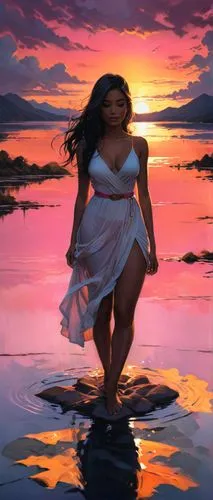 moana,girl on the river,polynesian girl,world digital painting,digital painting,sunset glow,the sea maid,sunset,rosa ' amber cover,siren,fantasy picture,water nymph,pink dawn,hula,dusk background,the wind from the sea,walk on water,fantasia,fantasy art,wading,Conceptual Art,Fantasy,Fantasy 03