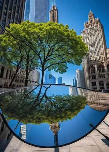 Chicago, best architecture tour, daytime, sunny weather, clear blue sky, Willis Tower, reflective glass, modern skyscraper, busy streets, pedestrians walking, trees lined up along sidewalk, historic b