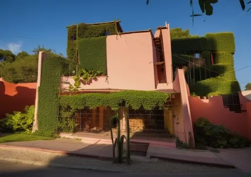 Diseño de casa estilo mínimalista fusionando elementos de la arquitectura del arquitecto Luis barragan, ubicada en un ambiente urbano con vegetación, autos, iluminación natural, fotografía hiperrealis