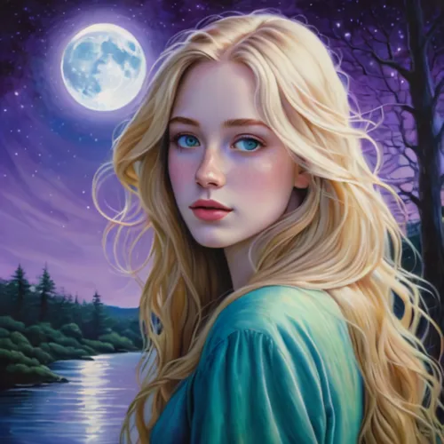 mystical portrait of a girl,fantasy portrait,fantasy picture,fantasy art,the blonde in the river,the night of kupala,blue moon rose,fairy tale character,oil painting on canvas,luna,celtic woman,romant