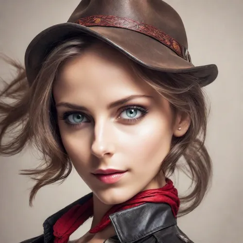 Beautiful woman wearing a leather cowboy hat Wear a long-sleeved black leather cowboy shirt. tie a red scarf Wear tight jeans. and top boots Standing r in the evening, full body view,leather hat,girl 