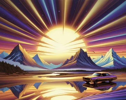 a car sits in front of mountains at sunset,cartoon video game background,mountain sunrise,futuristic landscape,landscape background,alpine sunset,background image,Illustration,Realistic Fantasy,Realis