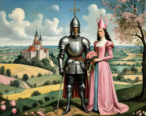 couple of woman in medieval dress with high cap headdress and knight in armor with open visor holding bouquet of flowers standing next to each other, storybook illustration, Terry Oakes, tumblr, forma