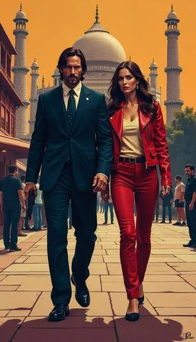 keanu reeves asjohn wick and ana de armas as joi from blade runner, tajmahal background  ,a man and woman walking on the sidewalk,agneepath,wadala,lollywood,bobbejaan,bollywood,wasseypur,Conceptual Ar