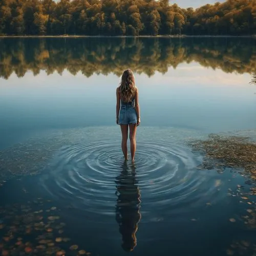  drawing of beautiful revealed girl in lake with minimalist far perspective,water mirror,reflection in water,ripples,mirror water,the body of water,reflection of the surface of the water,floating over