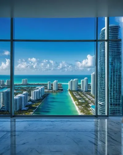 Modern skyscraper, Miami cityscape, top architecture firm, glass and steel structure, sleek lines, futuristic design, luxurious interior, marble floors, high ceiling, floor-to-ceiling windows, city vi