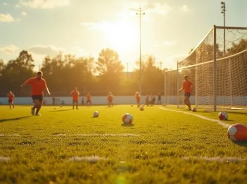 Wheat color palette, sports fields, sunny day, afternoon, warm light, vibrant green grass, soft wheat-colored sand, horizontal lines of the field, soccer goal nets, scattered footballs, athletic track