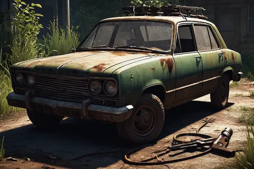 car, abandoned, post-apocalyptic, zombie survival game, Project Zomboid, detailed engine, exposed wires, pliers in hand, character action, rewiring, focused expression, mechanic skills, survival gear,