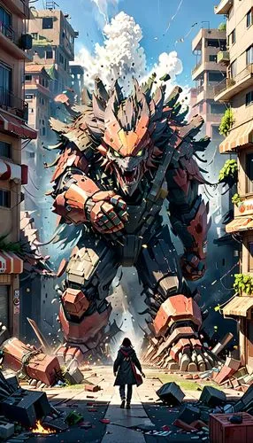 gunkanjima,volcano,gigantic,eruption,mecha,samurai,godzilla,volcanic,game art,magma,explosion,fuel-bowser,destroyed city,seismic,apocalypse,doomsday,game illustration,explosion destroy,ruin,world digital painting,Anime,Anime,General