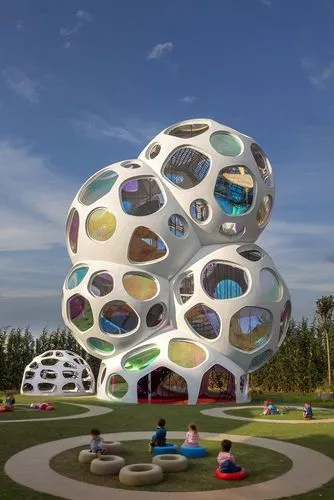 children playing in the lawn,  playground in a kindergarten,futuroscope,qlizabeth olympic park,dubai miracle garden,biospheres,skolkovo,steel sculpture,sculpture park,children's playground,cube stilt 