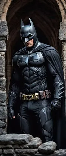 Dark knight, evil Batman, muscular male, black cape, torn edges, red eyes, menacing grin, detailed tattoos on arms and chest, gothic architecture background, old stone walls, dimly lit, dramatic shado