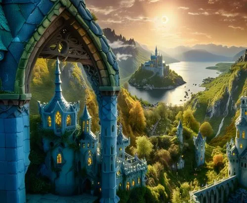 A green wizard sits next to his pupil the blue wizard to stare the magical valley where they live perhaps for the last time, down there the elfic elven blue castle in Lothlorien Rivendell style, beyon