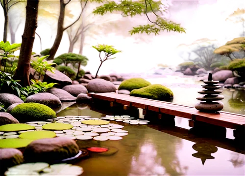 zen garden,japanese zen garden,japanese garden ornament,japanese garden,lotus pond,zen stones,japan landscape,japan garden,garden pond,lily pond,tokaido,wudang,river landscape,landscape background,onsen,zen rocks,ryokans,small landscape,ryokan,pond,Conceptual Art,Oil color,Oil Color 21