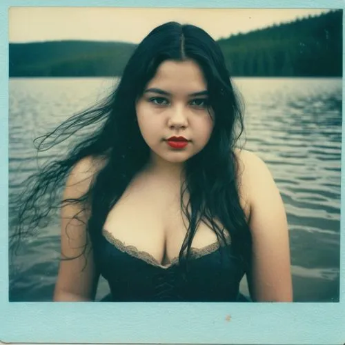 0606 pretty chubby girl with long black hair and flushed cheeks and red lips, she is a godess of the lake and has the power of water,whiskeytown,jutlandic,gwich,anishinaabe,chicana,kateri,tahltan,guel