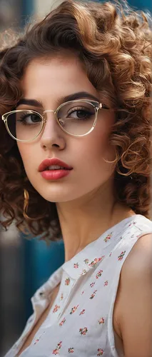 Image of a girl with an expressive and thoughtful face, nerdy face, wearing cute sunglasses, clear and smooth cute beautiful face, the hair is curly and extremely voluminous, large eyes, voluminous li