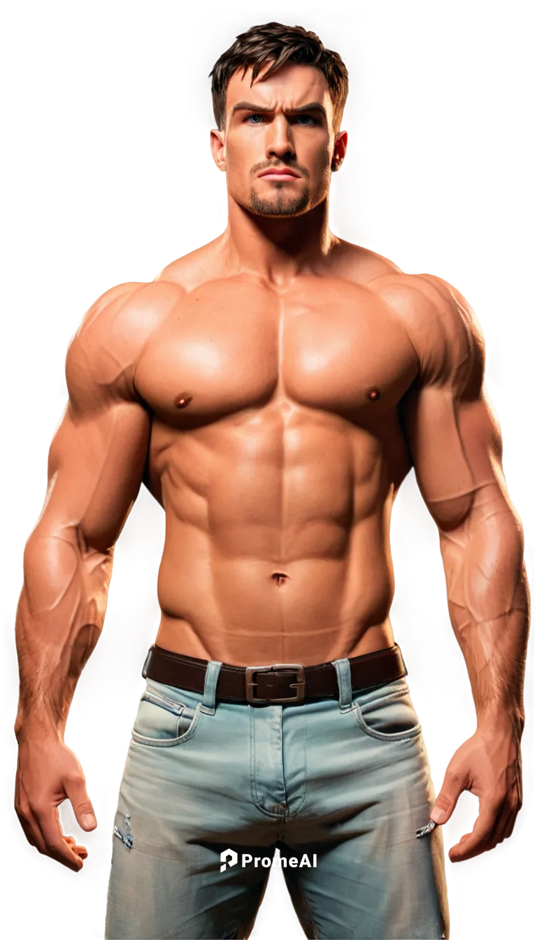 Muscular man, shirtless, athletic physique, prominent chest muscles, chiseled abs, strong arms, bold facial features, short hair, intense gaze, standing pose, confident expression, dramatic lighting, 