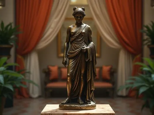 Bronze statue, ancient Greece-inspired, luxurious, ornate details, intricate textures, subtle patina, warm golden light, museum setting, marble pedestal, surrounding greenery, elegant drapery, Renaiss