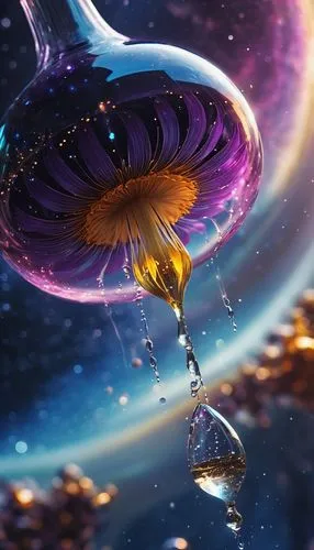 Divine love elixir drips from the cosmic flower of love, starship laboratory.,an artistically designed object flying into space,flying seeds,flying seed,aurora butterfly,fantasy picture,full hd wallpa