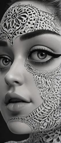 filigree,maori,biomechanical,fractals art,fractalius,the carnival of venice,trypophobia,masquerade,tribal masks,intricate,venetian mask,regard,woman face,women's eyes,african art,eyes line art,woman's face,doll's facial features,world digital painting,arabic background,Illustration,Black and White,Black and White 11