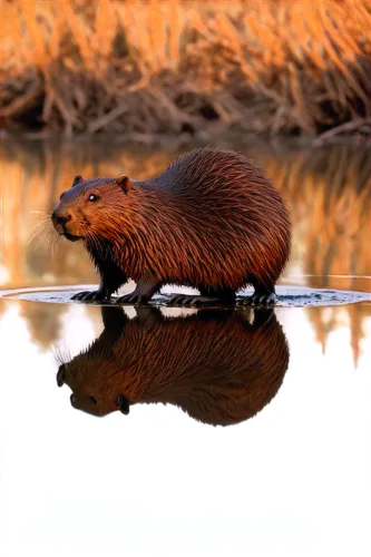 Beaver, semi-aquatic, brown fur, flat tail, webbed hind legs, busy building, wooden dam, water reflection, morning mist, warm sunlight, 3/4 composition, shallow depth of field, natural habitat, realis