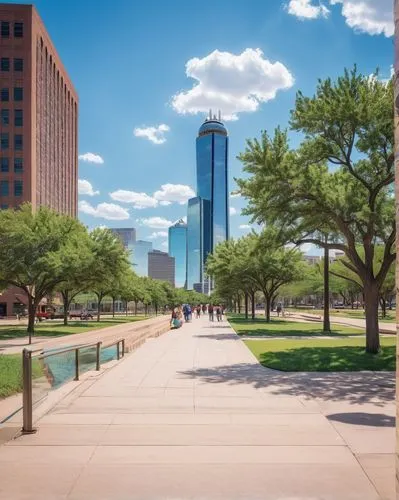 Dallas cityscape, Texan architecture, sunny day, blue sky with few white clouds, skyscrapers, glass buildings, modern city life, busy streets, pedestrians walking, cars driving by, cowboy hat, boots, 