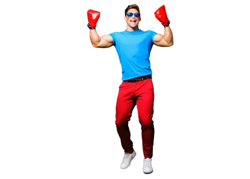 Kool-Aid Man, burst through wall, muscular arms, red shirt, blue pants, big smile, sunglasses, colorful background, 3/4 composition, shallow depth of field, vibrant colors, high contrast lighting, com