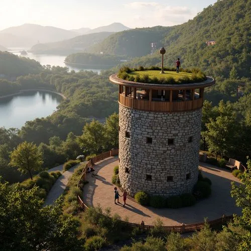 Watching tower, rustic stone walls, wooden accents, earthy tones, lush green roofs, overhanging eaves, panoramic views, bird's eye perspective, rolling hills, misty valleys, serene lakeside, surroundi