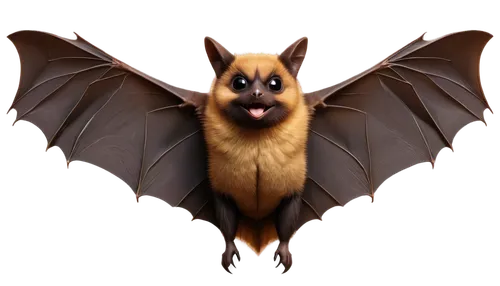 Brown bat, wings spread wide, flying pose, detailed fur texture, cute eyes, small nose, black body, yellow belly, claws, nocturnal creature, cartoon style, flat design, bold lines, colorful, soft ligh