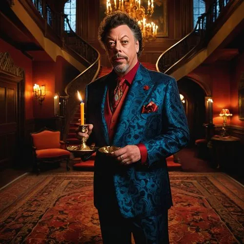 Tim Curry, Clue character, iconic hairstyle, colorful suit, holding a candlestick, mysterious smile, dimly lit mansion, luxurious furniture, intricate patterns on carpet, grand staircase, dramatic lig