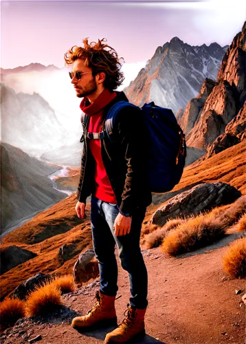 Wild landscape, majestic mountain range, rugged terrain, worn backpack, weathered boots, determined facial expression, messy hair, sunglasses, golden hour lighting, warm color tone, cinematic composit