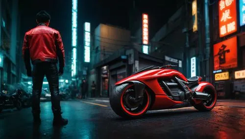 Akira, person standing next to the motorbike, red leather jacket, cyberpunk, Tokyo, neon glow, steam, future,electric scooter,cyberpunk,e-scooter,red motor,3d car wallpaper,futuristic,scooter,ducati,d