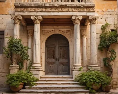 Ancient Greek architecture, stone structure, detailed carvings, marble columns, grand entrance, stairs, ornate balcony, intricate moldings, weathered stone walls, Ivy vines crawling, sunny afternoon, 