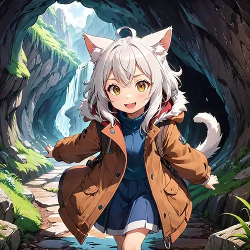 meteora,parka,nyan,inari,child fox,arctic fox,kitsune,cat child,silver tabby,cute fox,stray cat,uruburu,piko,cub,forest background,adventurer,poi,toori,cute cat,little red riding hood,Anime,Anime,Traditional