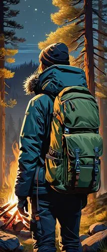 campfire,backpacking,camping gear,parka,digital nomads,campfires,travelers,fire background,scouts,free wilderness,hiker,campers,camping,fjäll,digital painting,hiking equipment,hikers,camp fire,backpack,vector illustration,Conceptual Art,Sci-Fi,Sci-Fi 23