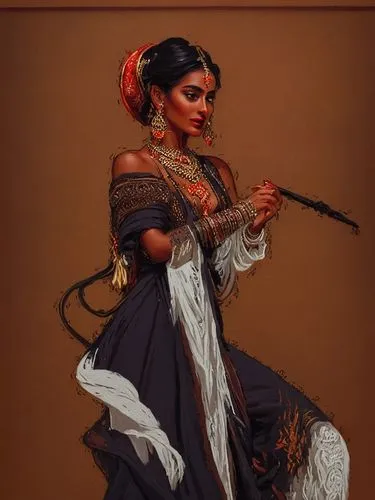 a woman in an oriental costume holds a stick,flamenca,lakshmibai,kathak,violin woman,mohiniyattam,woman playing violin,Illustration,Realistic Fantasy,Realistic Fantasy 25