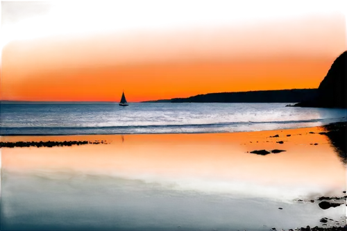 sunset, over water, serene atmosphere, vibrant orange hue, gentle waves, calm sea surface, rocky shoreline, sailboat in distance, seagulls flying overhead, warm soft light, panoramic view, 3/4 composi