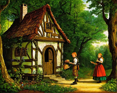 girl and boy outdoor,children's fairy tale,young couple,village scene,happy children playing in the forest,country cottage,house in the forest,vintage boy and girl,cottage,romantic scene,fairy tale,home landscape,a fairy tale,fairytale,idyll,little boy and girl,danish house,thatched cottage,cottage garden,summer cottage,Art,Classical Oil Painting,Classical Oil Painting 06