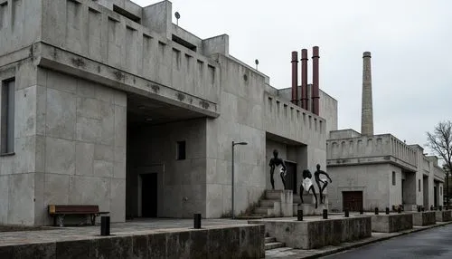 Rugged concrete buildings, fortress-like structures, brutalist architecture, exposed ductwork, industrial pipes, raw unfinished surfaces, minimalist ornamentation, monolithic forms, dramatic cantileve