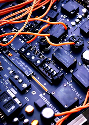 Electrical components, wires tangled, multiple plugs, LED lights, metallic surfaces, circuit boards, microchips, batteries, switches, buttons, dials, meters, copper wiring, intricate details, realisti