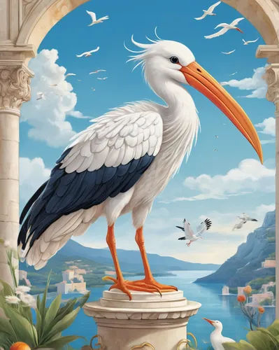 Design a whimsical children's book cover featuring a white stork exploring a magical kingdom.,storks,dalmatian pelican,white pelican,great white pelican,stork,white storks,white stork,eastern white pe