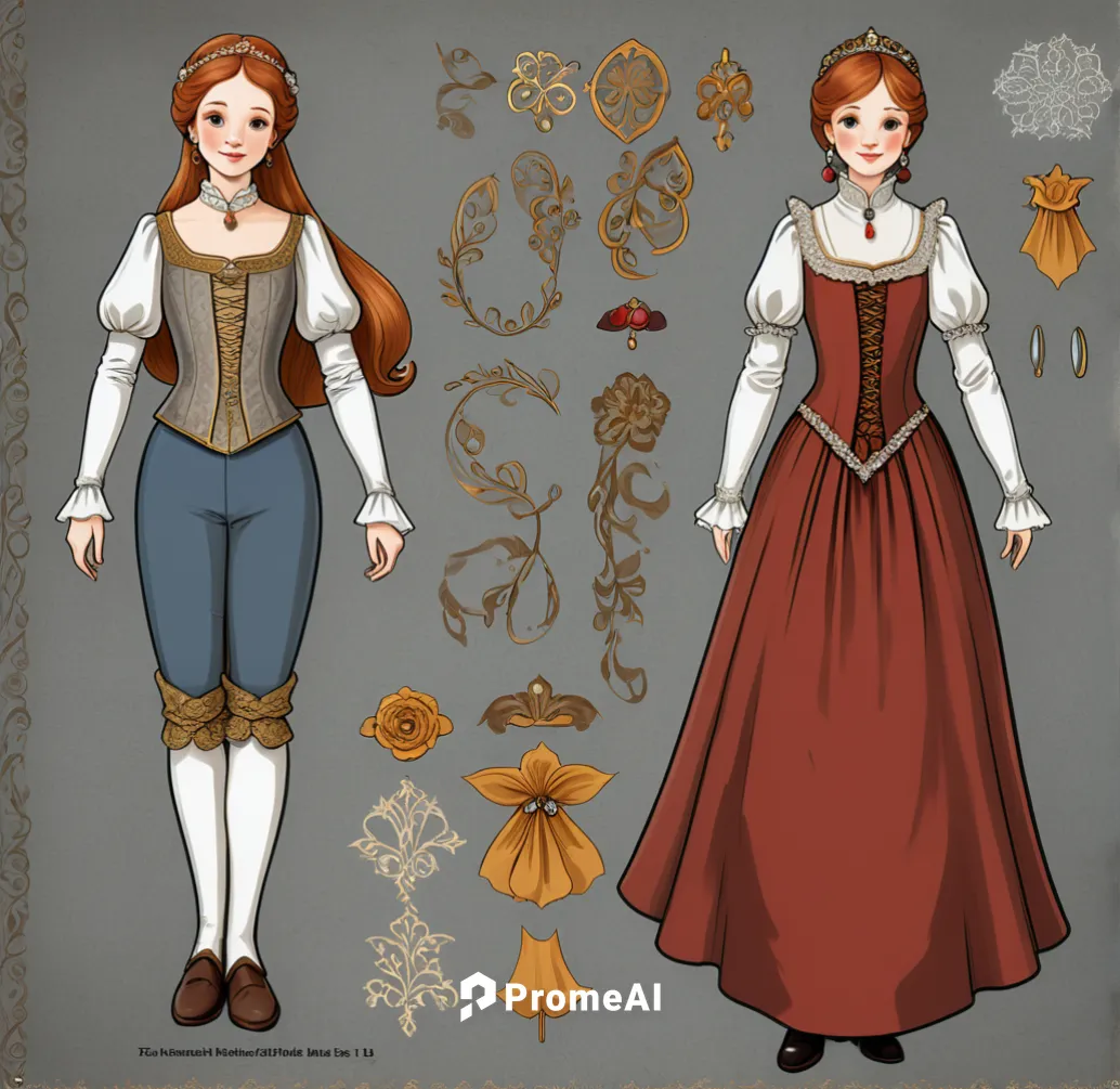 Paper doll medieval noble women in white blouse ,grey tight legging with brown boot standing with a set of elegant medieval noble dress on 4 color paper doll sheet,costume design,folk costume,bodice,f