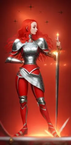 female medieval warrior with red hair and shiny armour. background with medieval pattern conceptual,female warrior,swordswoman,red,crusader,sterntaler,knight armor,joan of arc,paladin,firedancer,alm,w