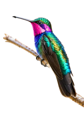 Hummingbird, colorful feathers, iridescent wings, tiny beak, sparkling eyes, perched on branch, delicate legs, fluttering wings, morning sunlight, bokeh effect, shallow depth of field, 3/4 composition